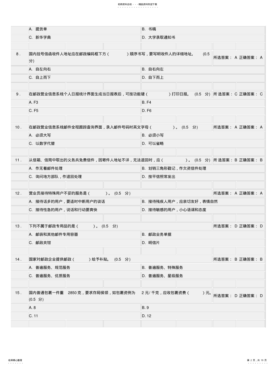 2022年邮政营业员理论知识试卷自测 .pdf_第2页