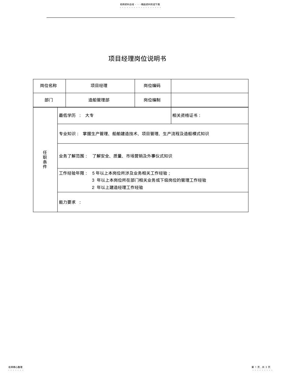 2022年造船管理部项目经理职责描述 .pdf_第1页