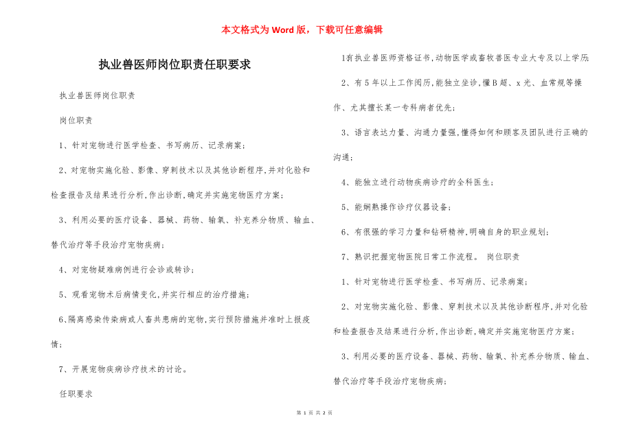 执业兽医师岗位职责任职要求.docx_第1页