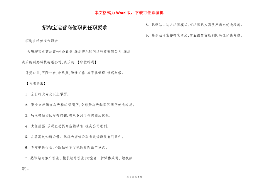 招淘宝运营岗位职责任职要求.docx_第1页