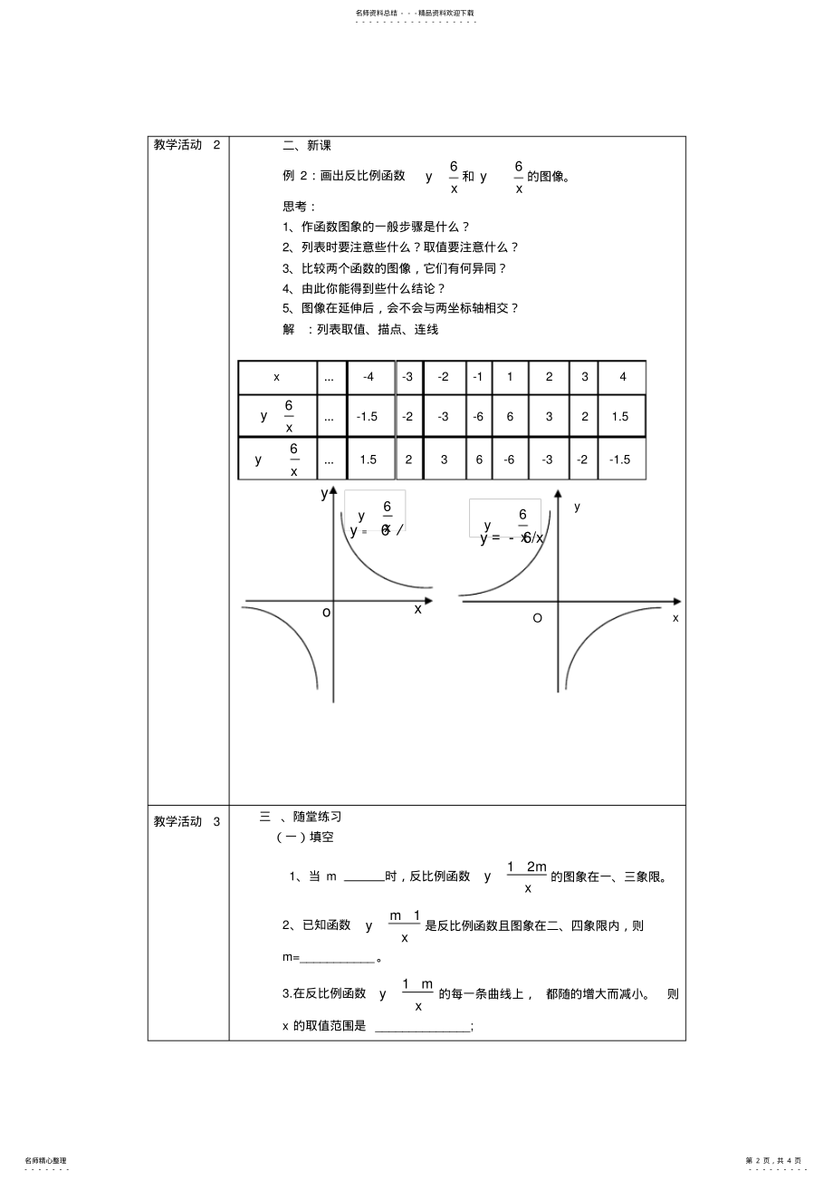 2022年反比例函数的图像和性质教学设计方案 .pdf_第2页