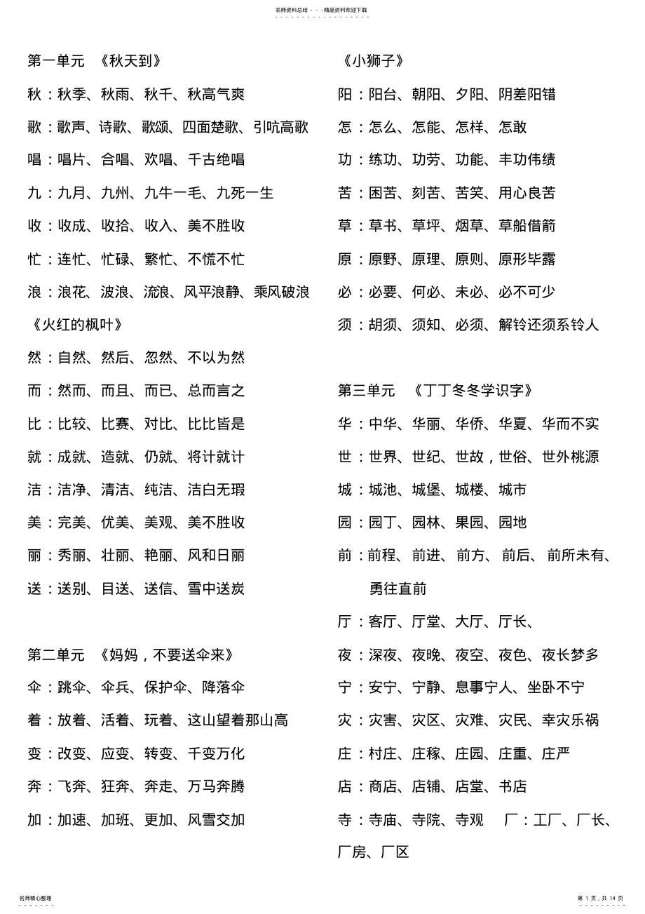 2022年北师大语文二年级上册偏旁,近反义词,多音字等期末复习资料 .pdf_第1页