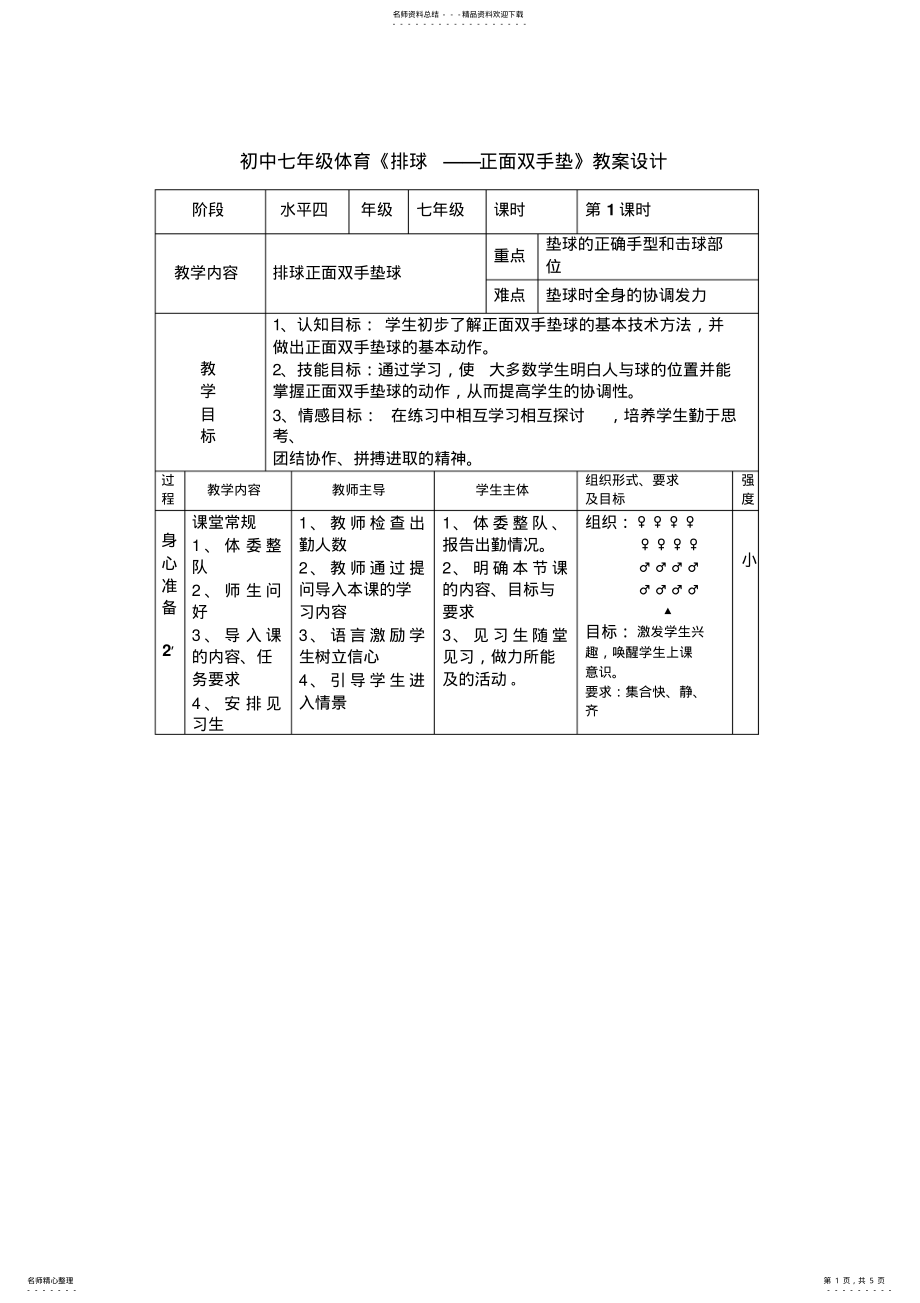 2022年初中七年级体育《排球正面双手垫》教案设计 .pdf_第1页