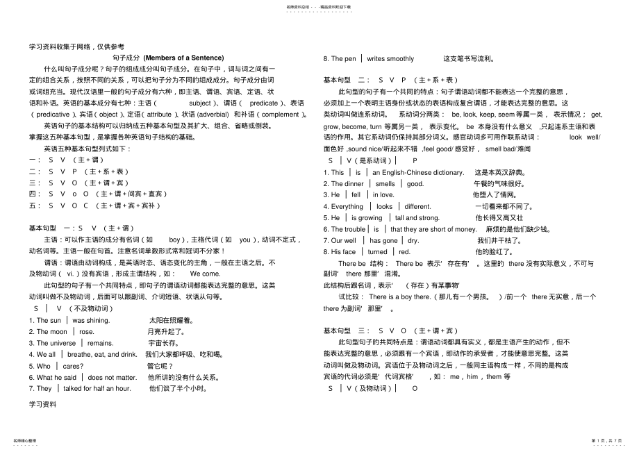 2022年初中英语句子成分的划分及练习 .pdf_第1页