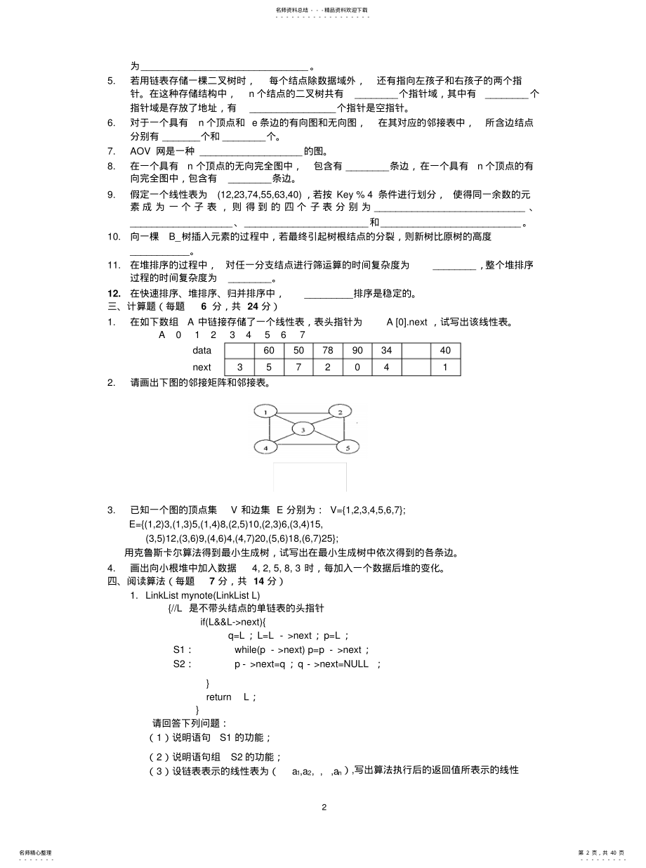 2022年十套数据结构试题及答案归纳 .pdf_第2页