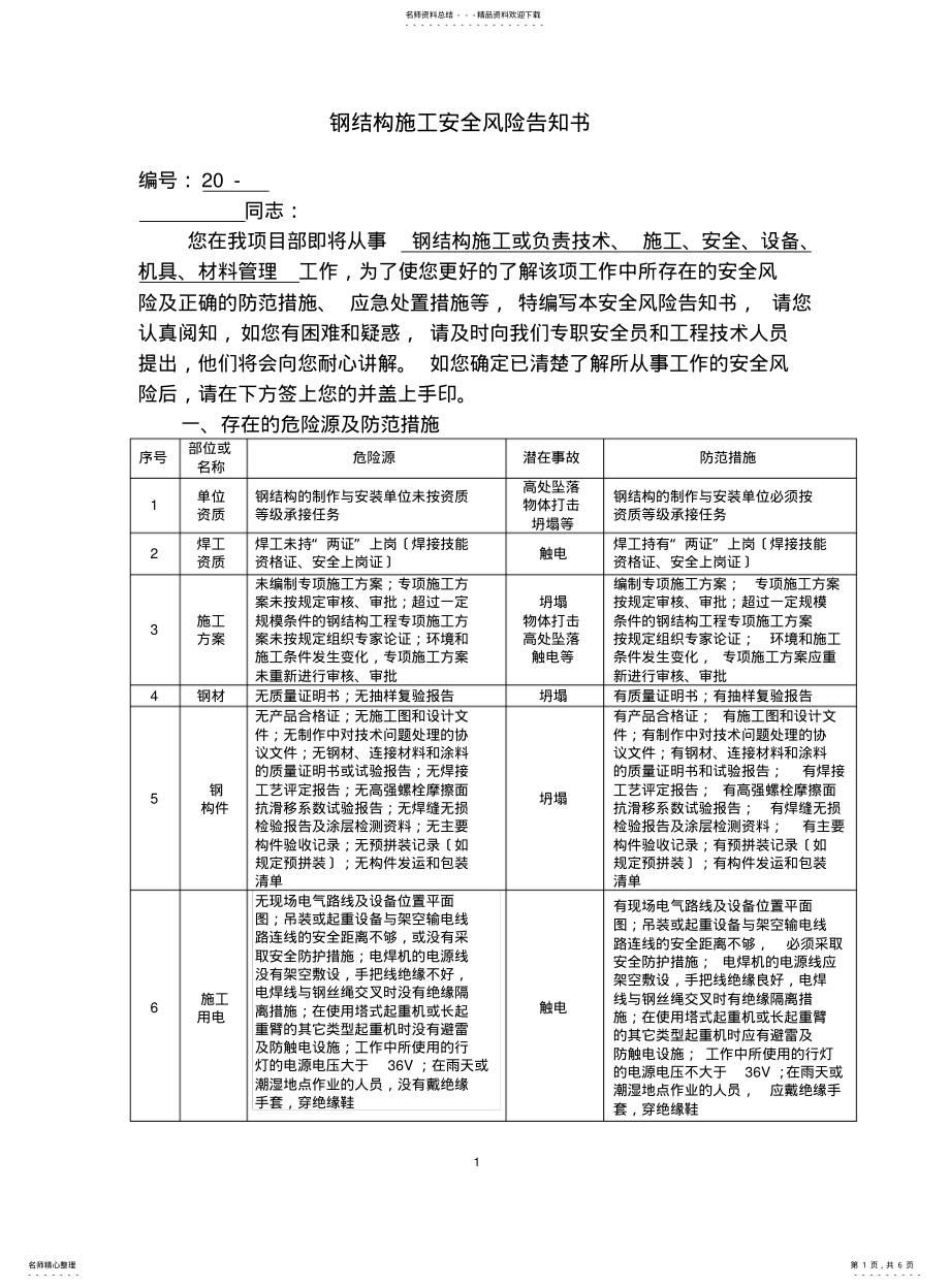 2022年钢结构施工安全风险告知书 .pdf_第1页