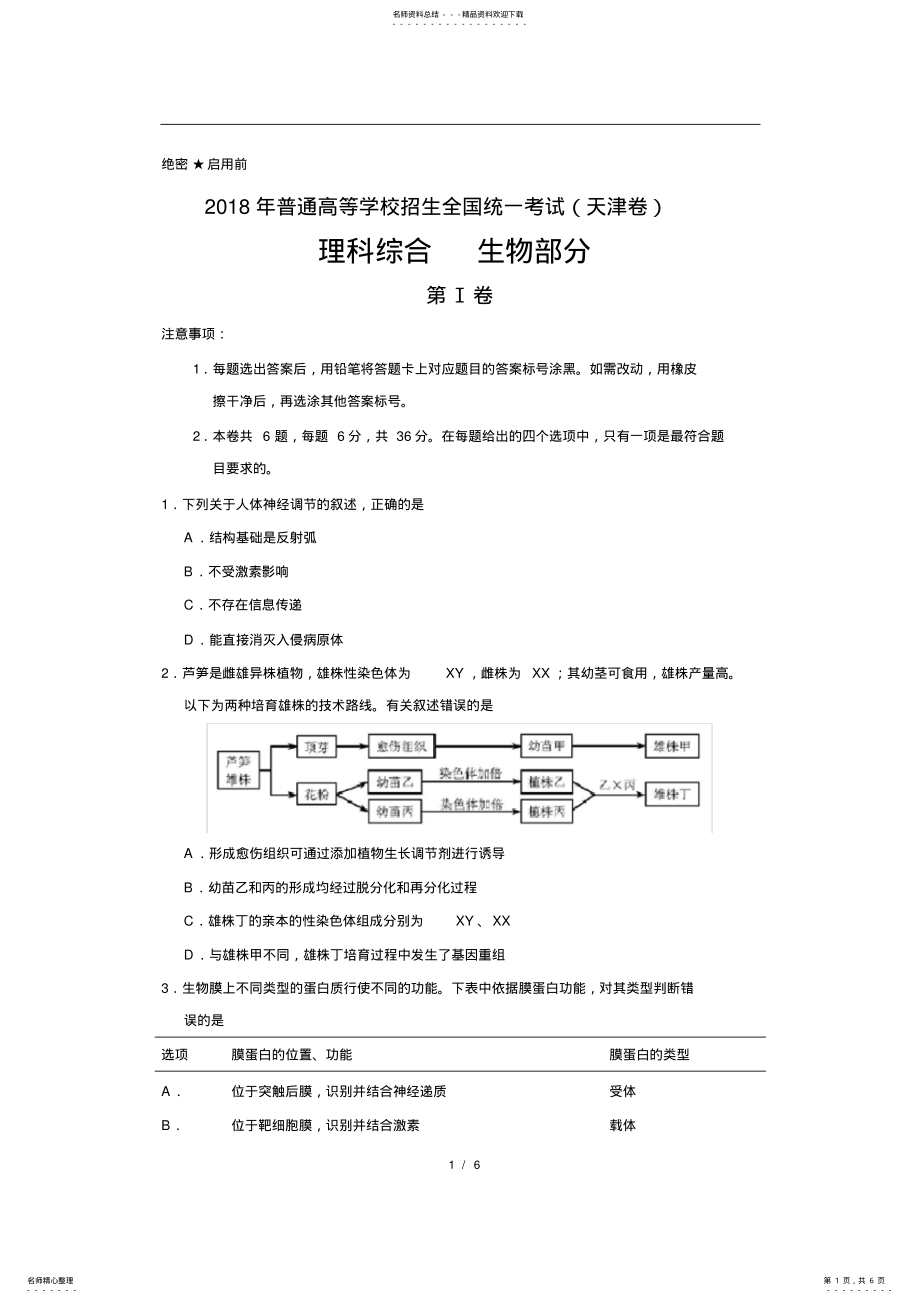 2022年年天津理综生物高考试题,推荐文档 .pdf_第1页