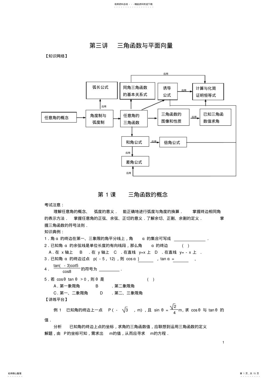 2022年高一数学《三角函数与平面向量》精讲精练 .pdf_第1页