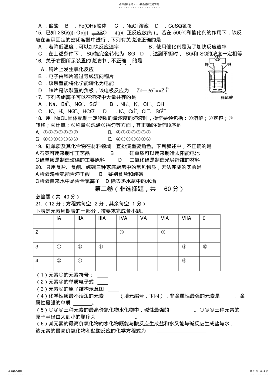 2022年高中化学学业水平考试模拟试题有答案 .pdf_第2页