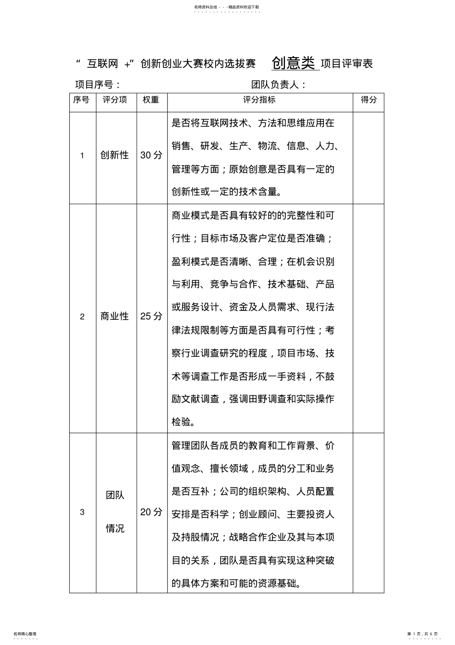 2022年首届中国“互联网”大学生创新创业大赛校内选拔赛评分表最终 .pdf_第1页