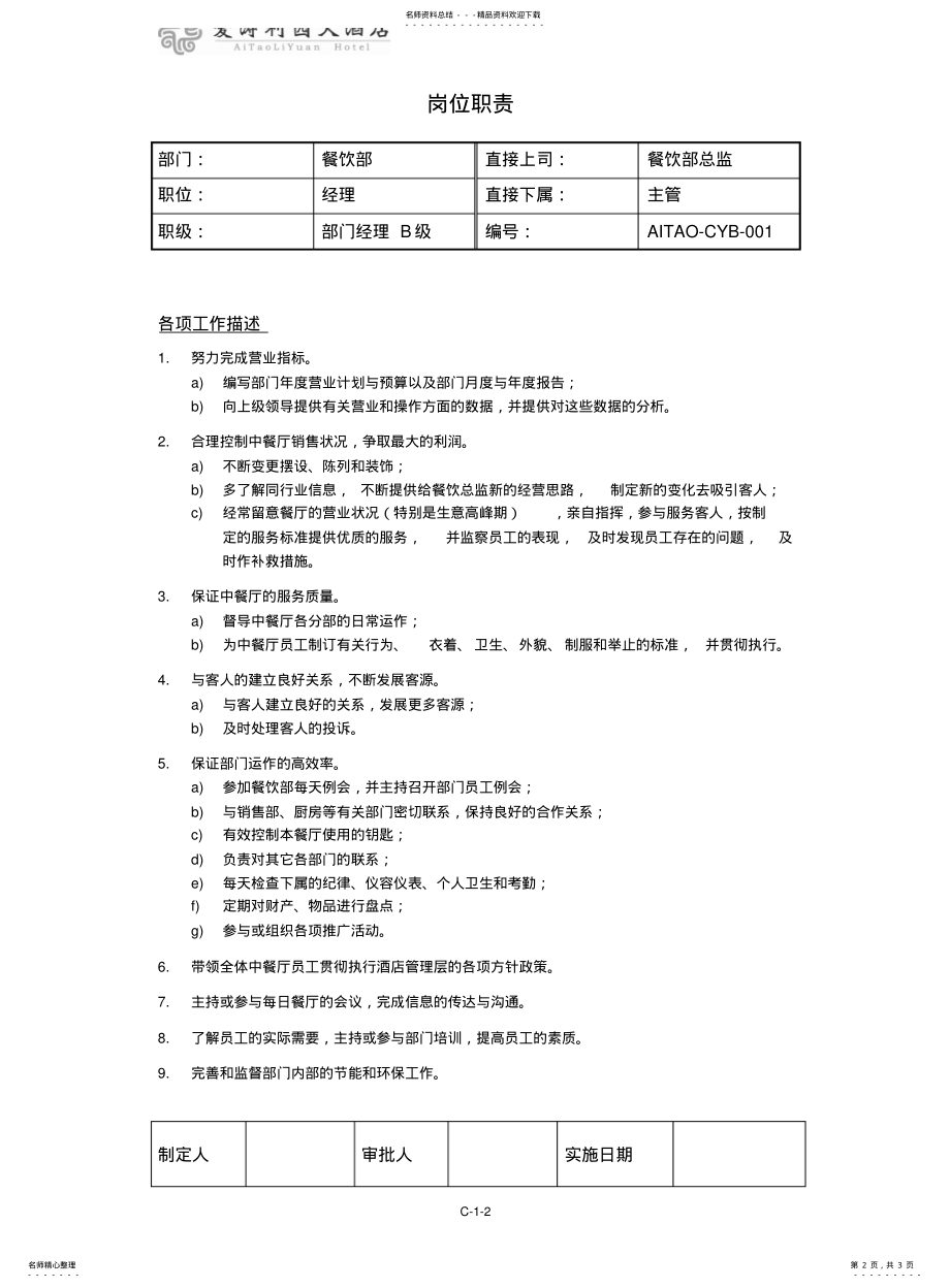 2022年餐饮部经理职位说明书 .pdf_第2页