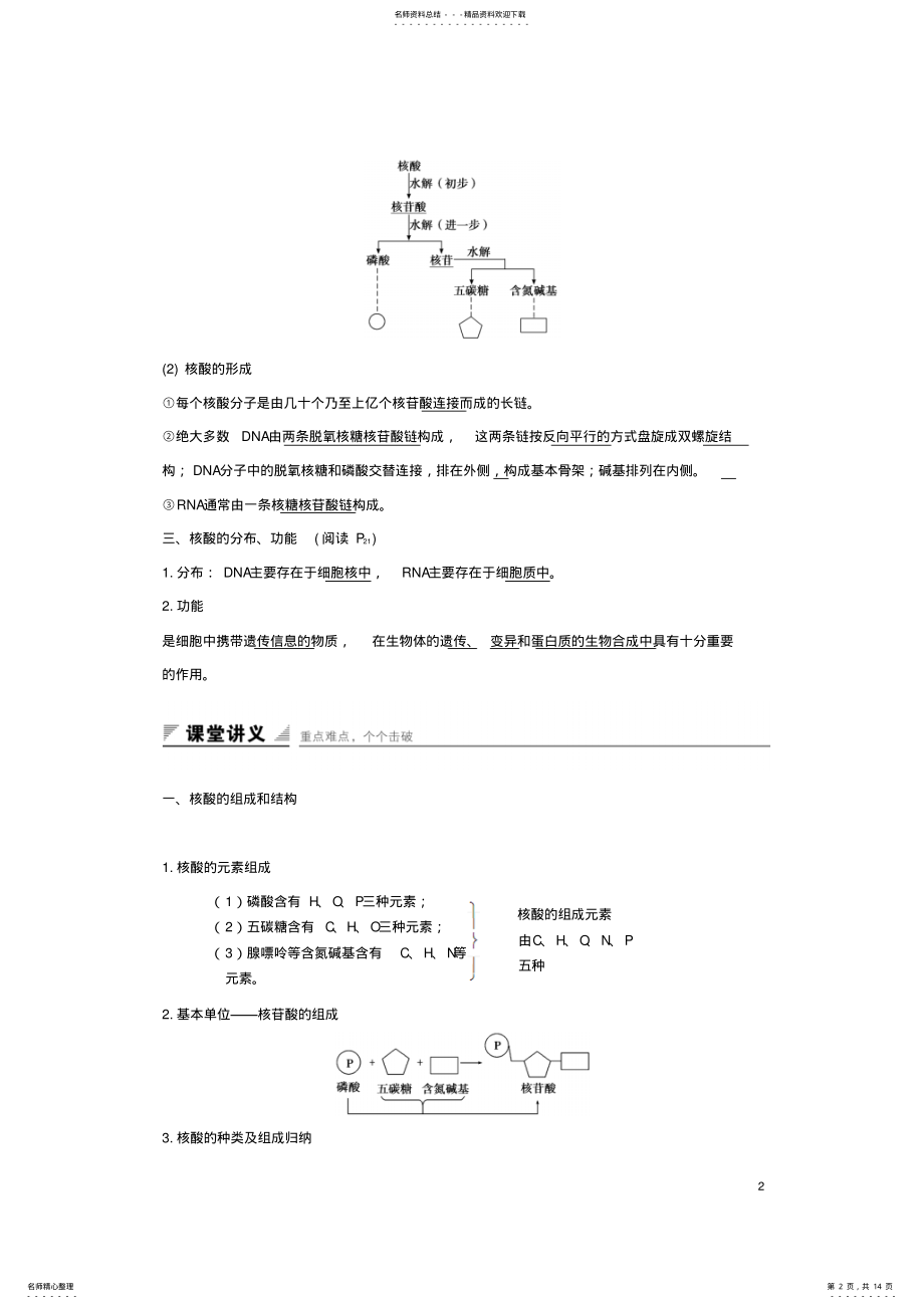 2022年高中生物第二章细胞的化学组成第二节细胞中的生物大分子核酸的结构和功能练习苏教版必修 .pdf_第2页