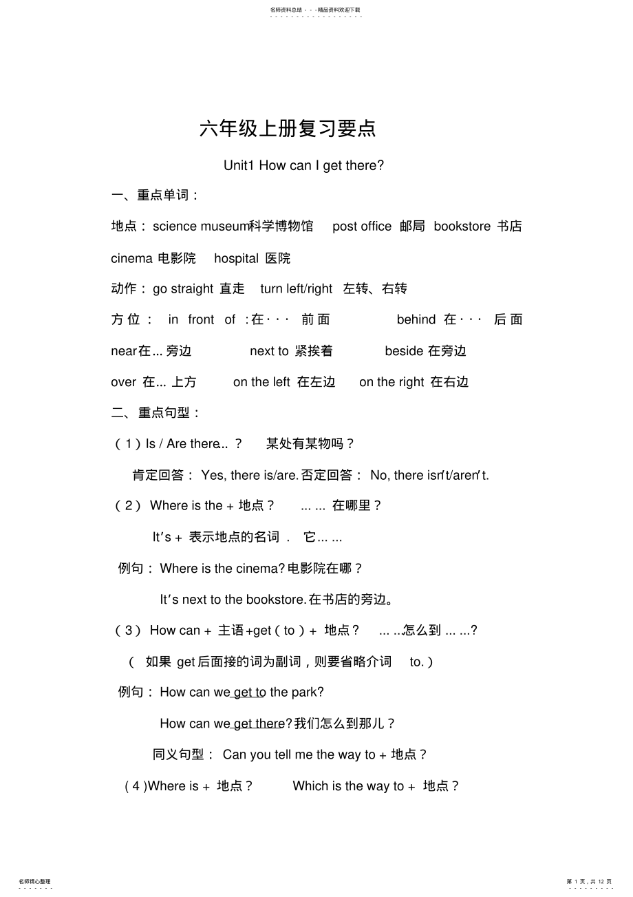 2022年小学人教版六年级英语上册复习要点 2.pdf_第1页