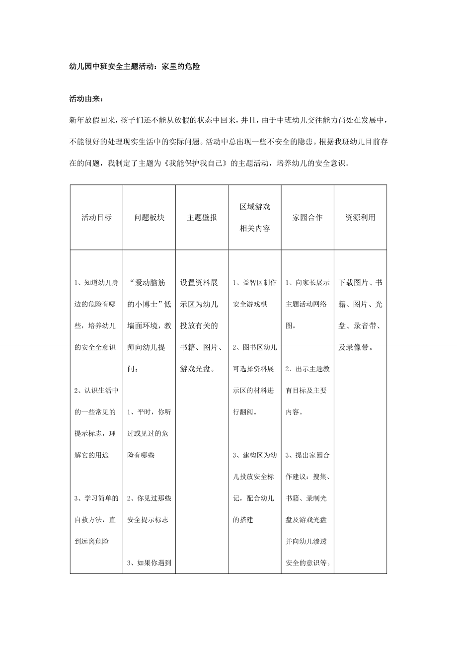 幼儿园大班中班小班中班安全主题活动：家里的危险优秀教案优秀教案课时作业课时训练.doc_第1页