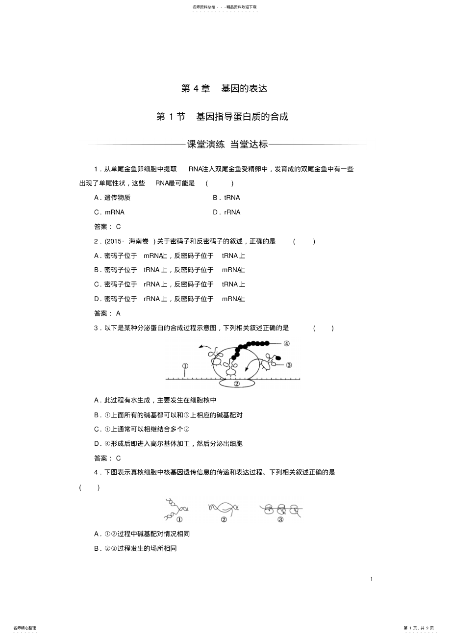 2022年高中生物基因的表达基因指导蛋白质的合成检测试题新人教版必修 .pdf_第1页