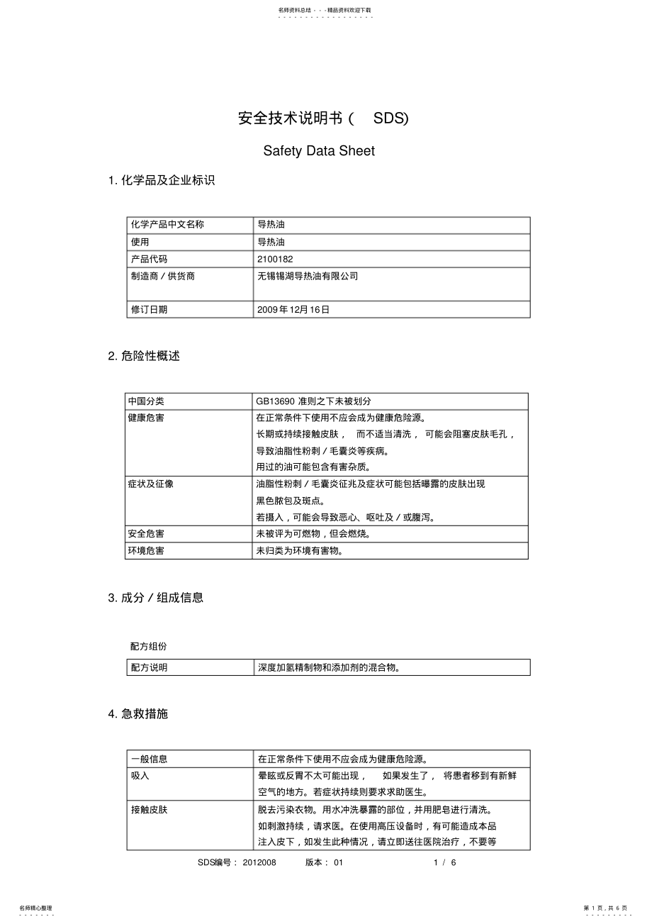 2022年导热油全版MSDS .pdf_第1页