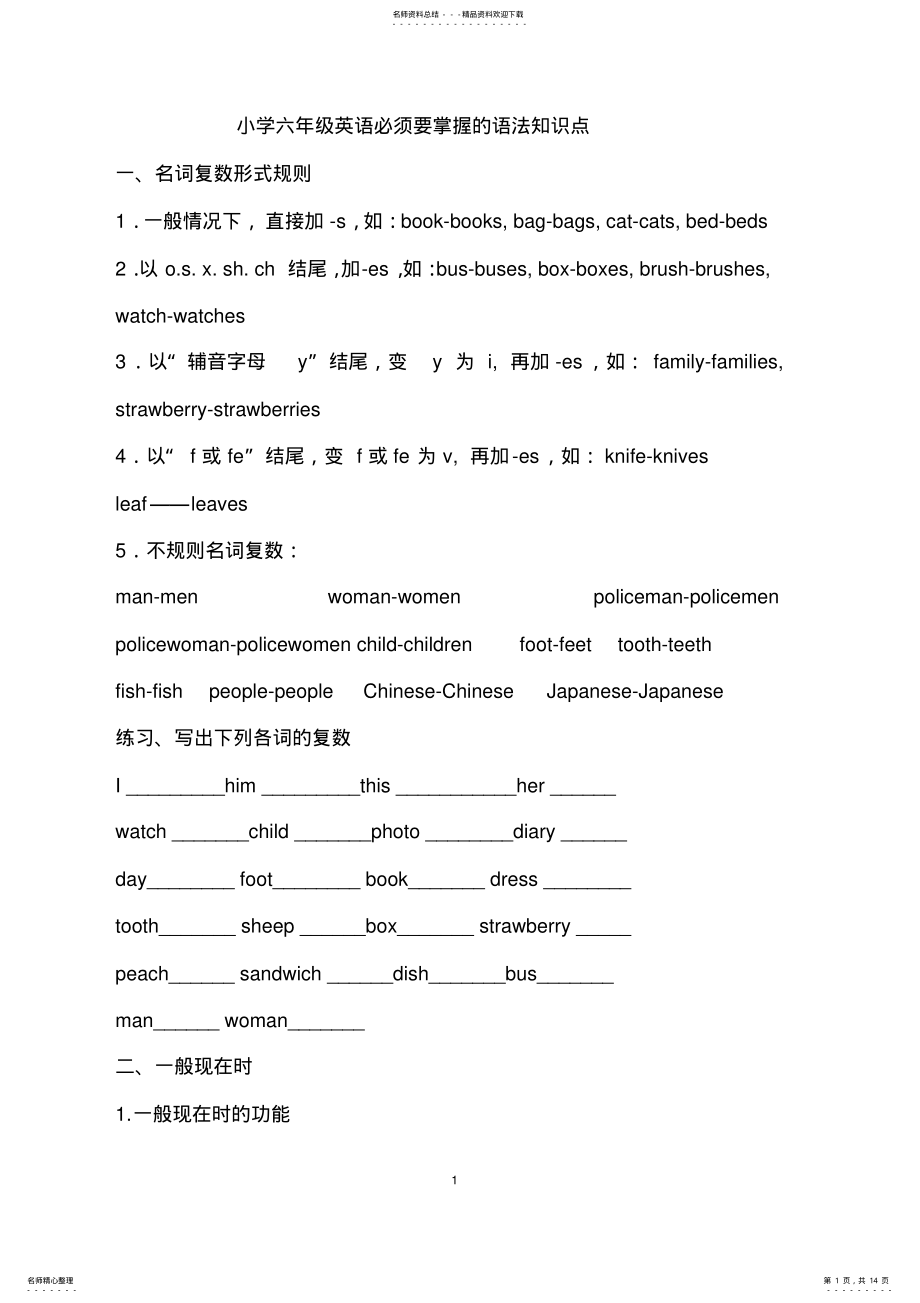 2022年小学六年级英语必须要掌握的语法知识点,推荐文档 .pdf_第1页