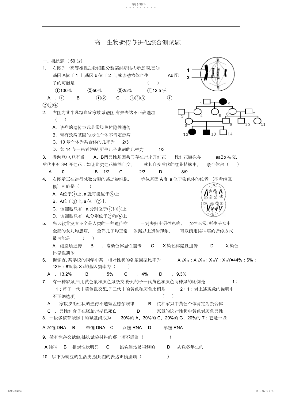 2022年高一生物遗传与进化综合测试题.docx_第1页