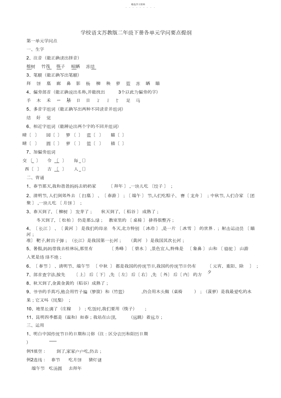 2022年小学语文苏教版二年级下册单元知识点.docx_第1页