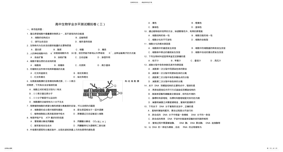 2022年高中生物学业水平测试模拟卷 4.pdf_第1页