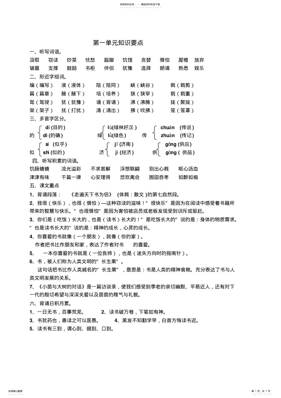 2022年小学四年级下册语文知识要点 .pdf_第1页