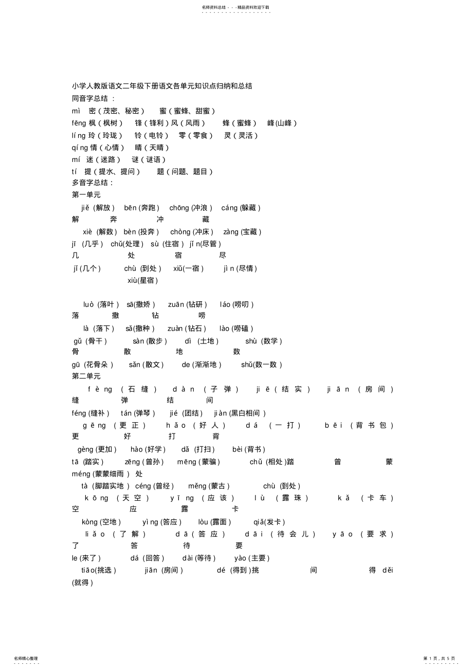 2022年小学人教版语文二年级下册语文各单元知识点归纳和总结,推荐文档 .pdf_第1页