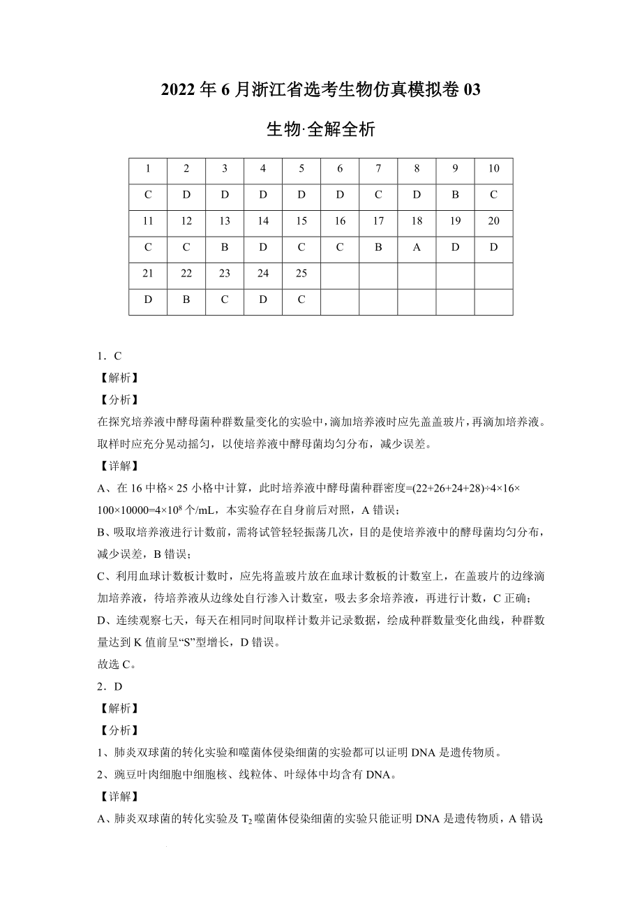 2022年6月浙江省选考生物仿真模拟卷03(全解全析)公开课.docx_第1页