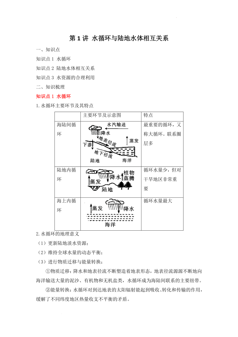 专题五 地球上的水 第1讲 水循环与陆地水体相互关系 讲义--高考地理一轮复习讲学一站通关.docx_第1页