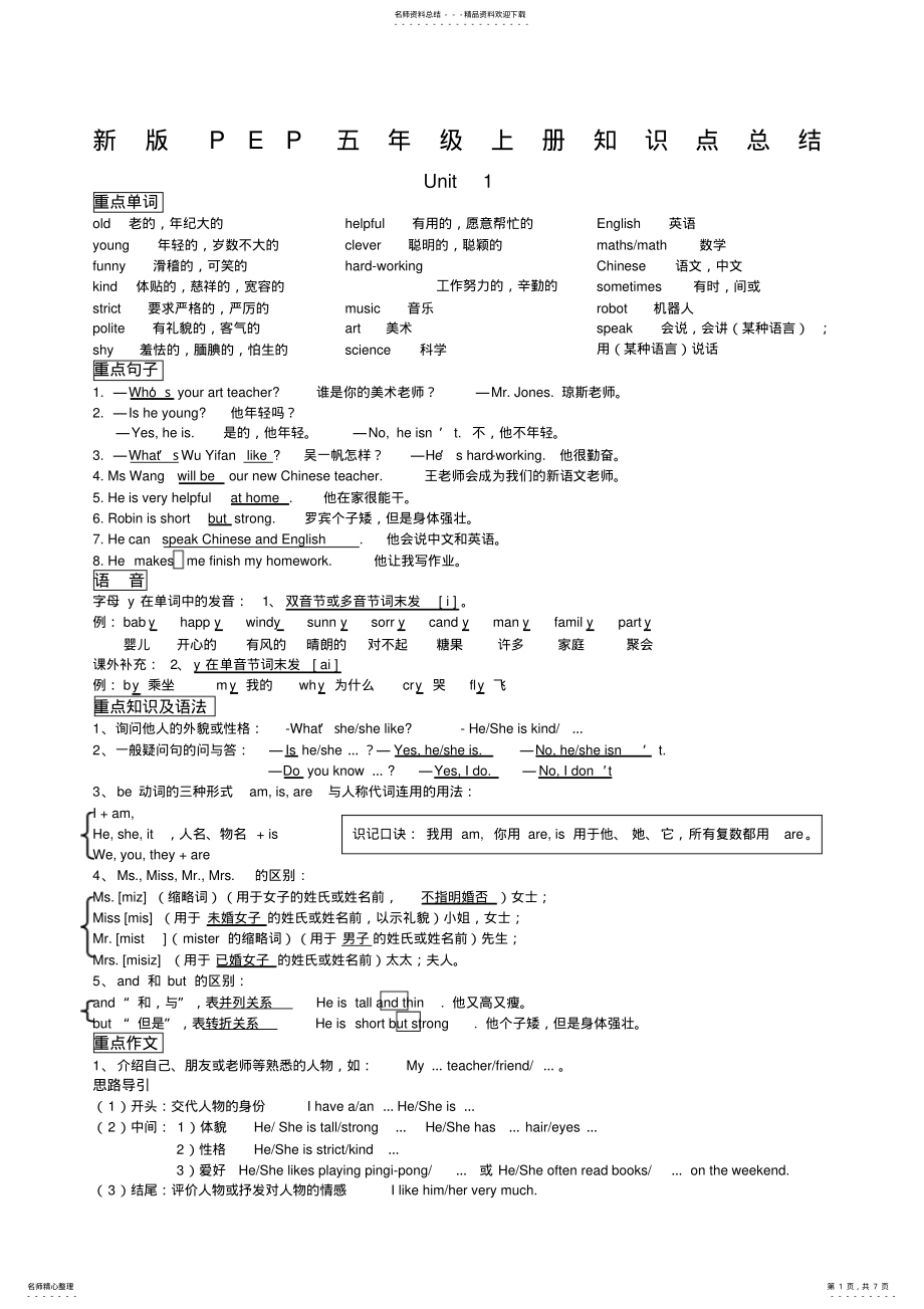 2022年小学五年级人教版英语上册知识点总结,推荐文档 .pdf_第1页