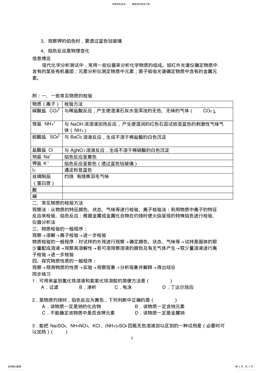 2022年高中化学常见物质的检验学案苏教版必修一 2.pdf_第2页