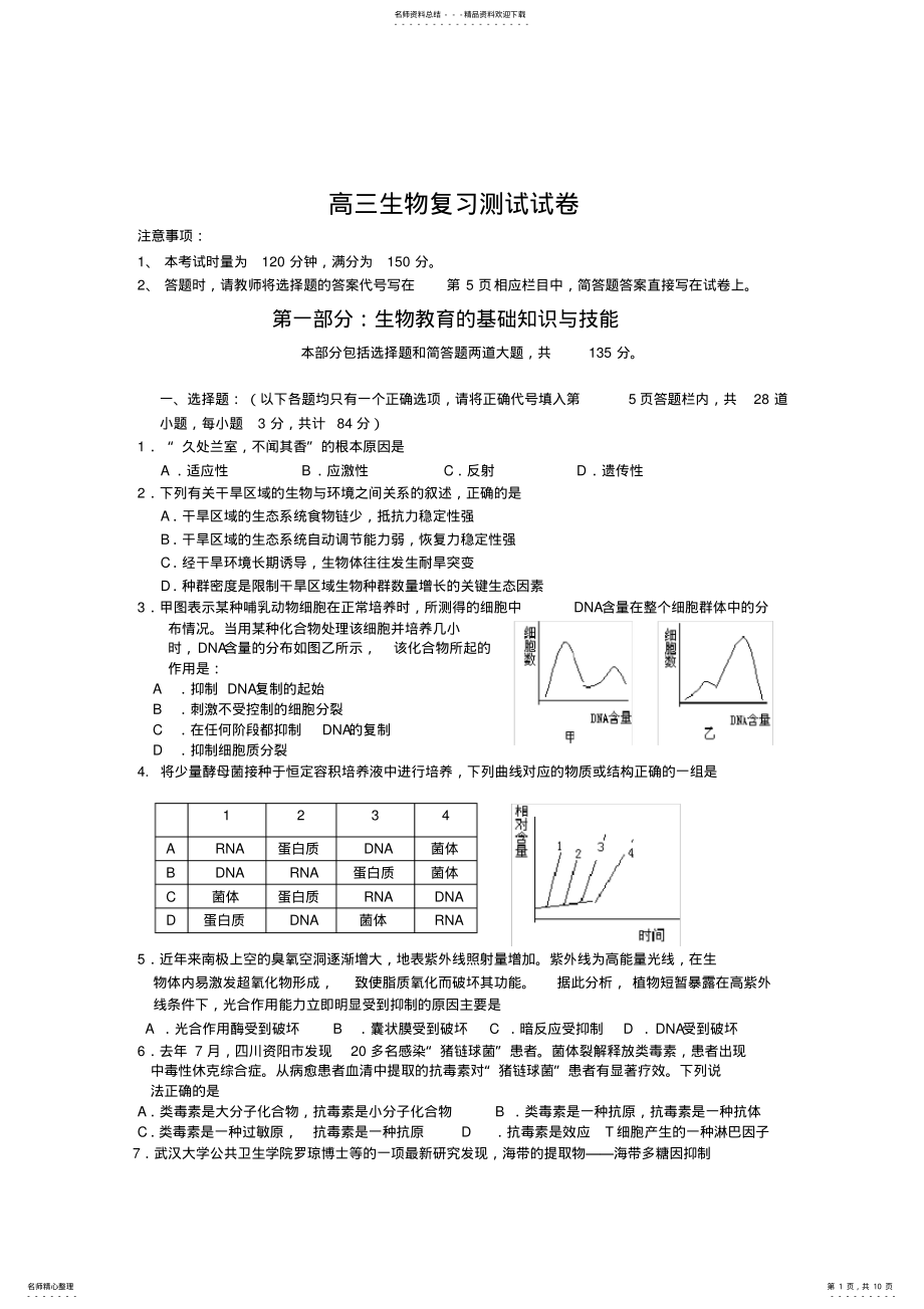 2022年高三生物复习测试试卷 .pdf_第1页