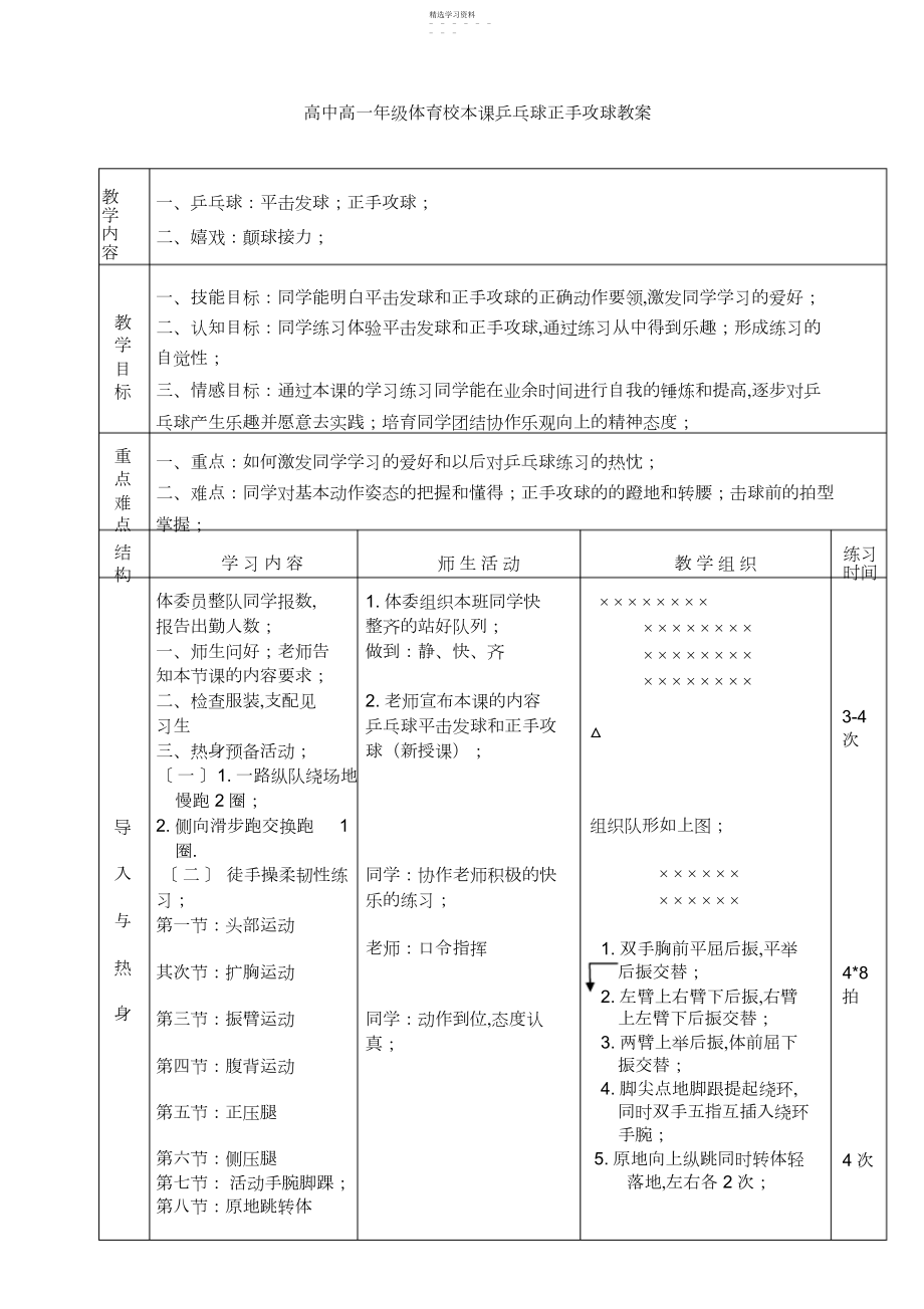 2022年高中高一年级体育校本课乒乓球正手攻球教案.docx_第1页