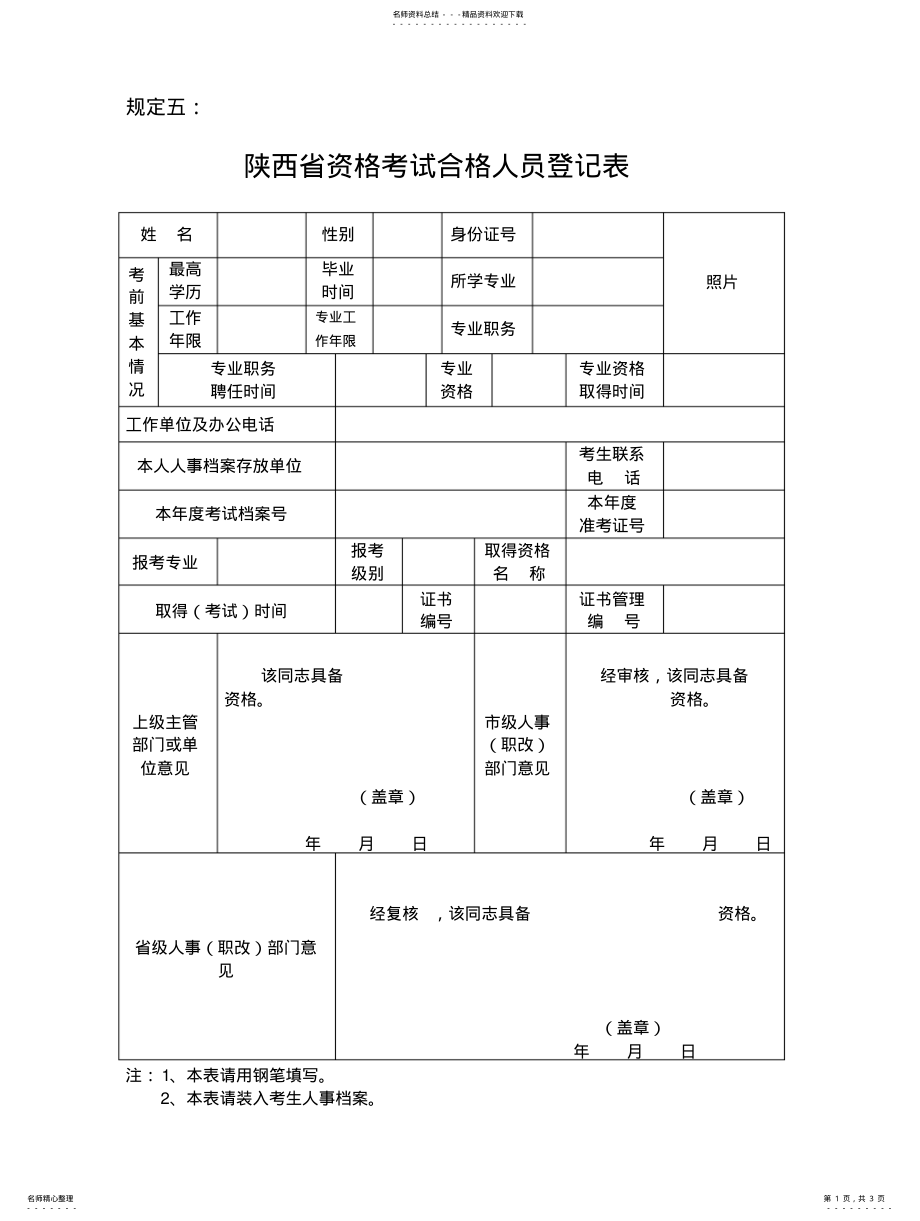 2022年陕西省资格考试合格人员登记表 .pdf_第1页