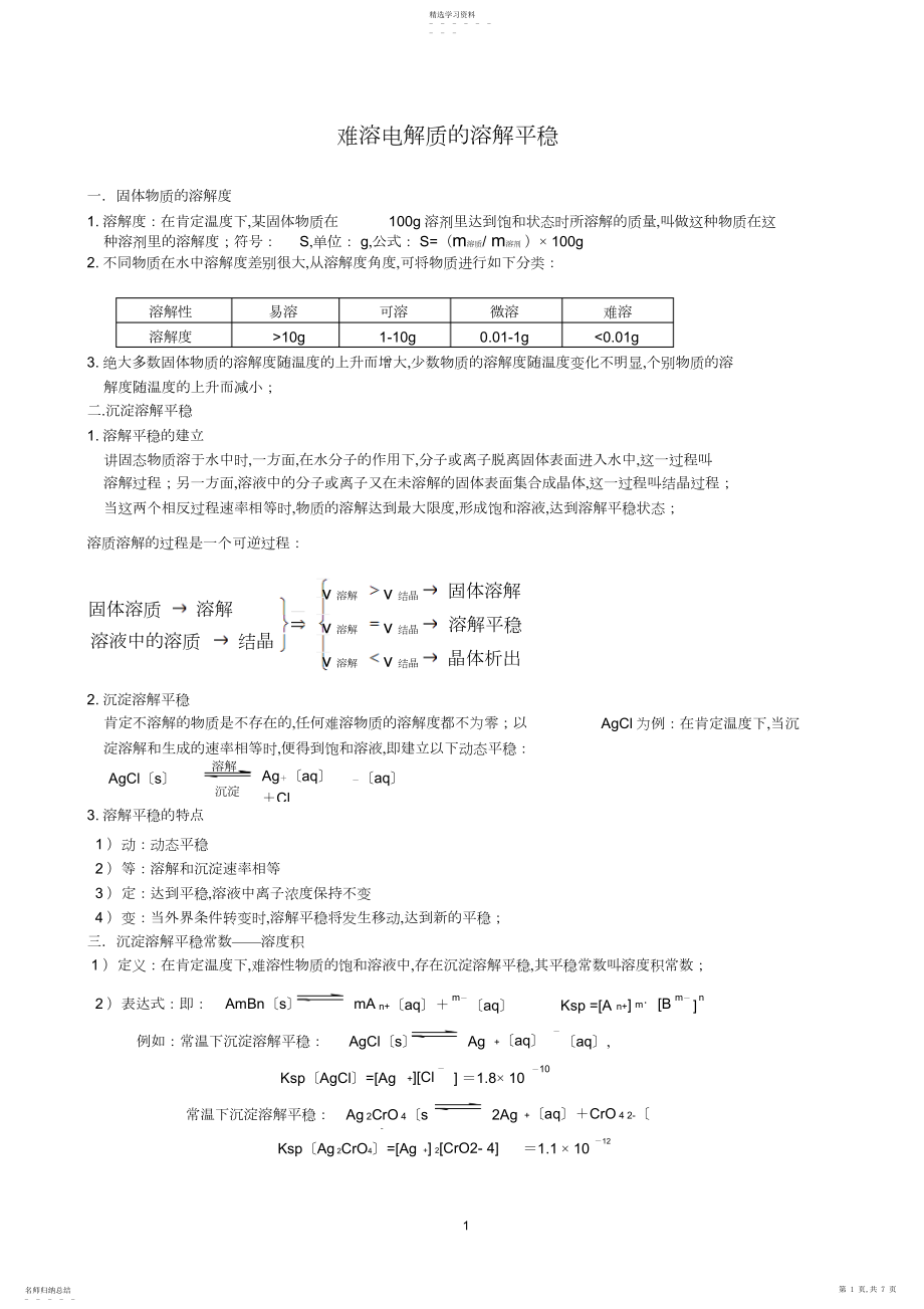 2022年难溶电解质的溶解平衡知识点.docx_第1页