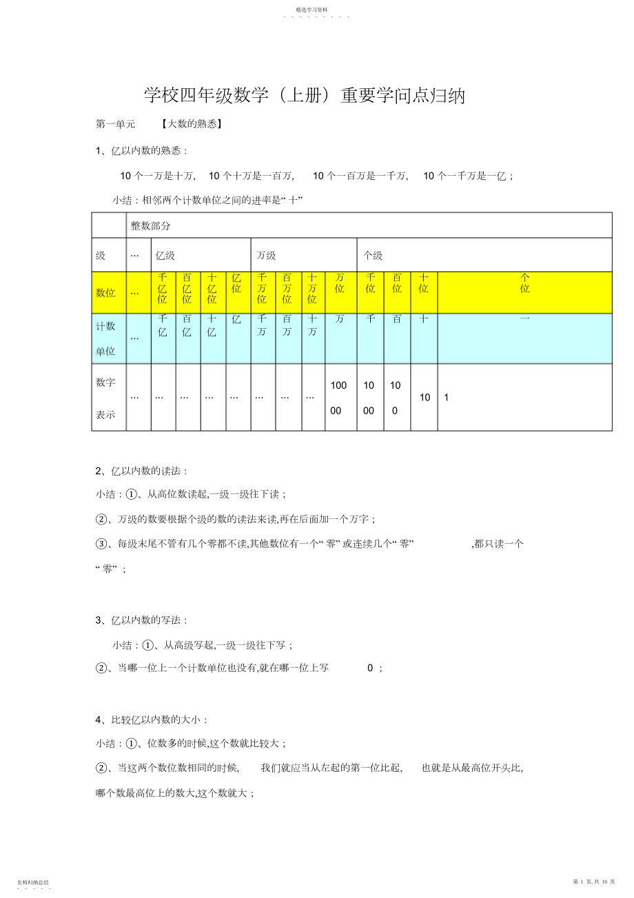 2022年小学四年级数学重要知识点归纳.docx_第1页