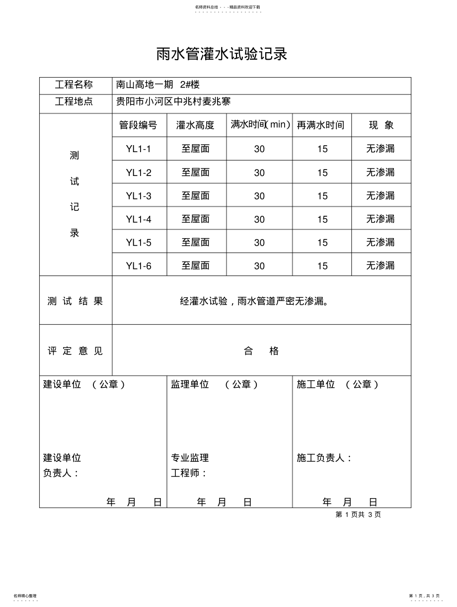 2022年雨水管灌水试验记录 .pdf_第1页