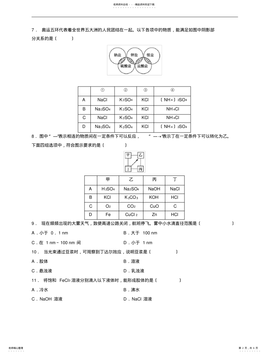 2022年高中化学必修一物质的分类同步练习 .pdf_第2页