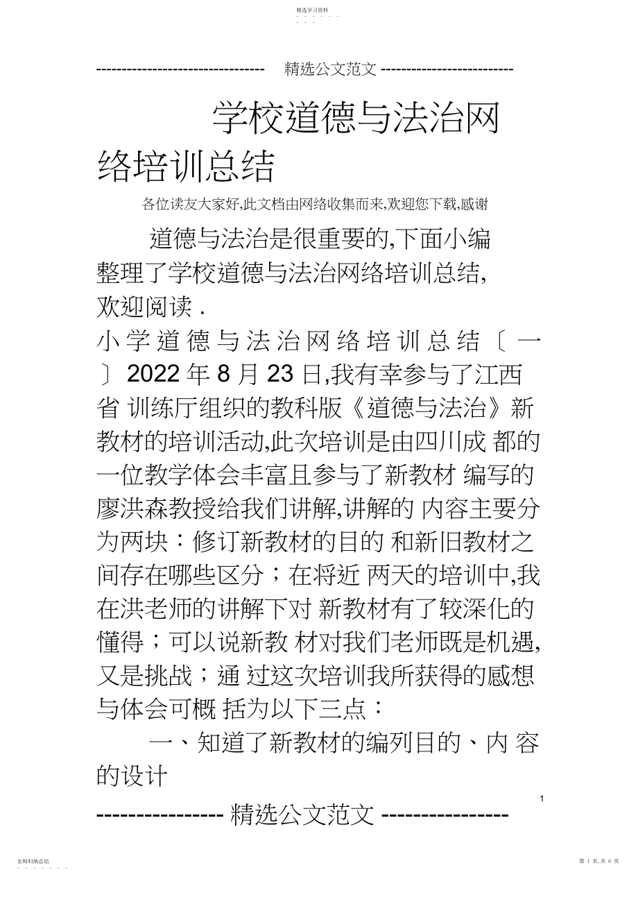 2022年小学道德与法治网络培训总结.docx_第1页