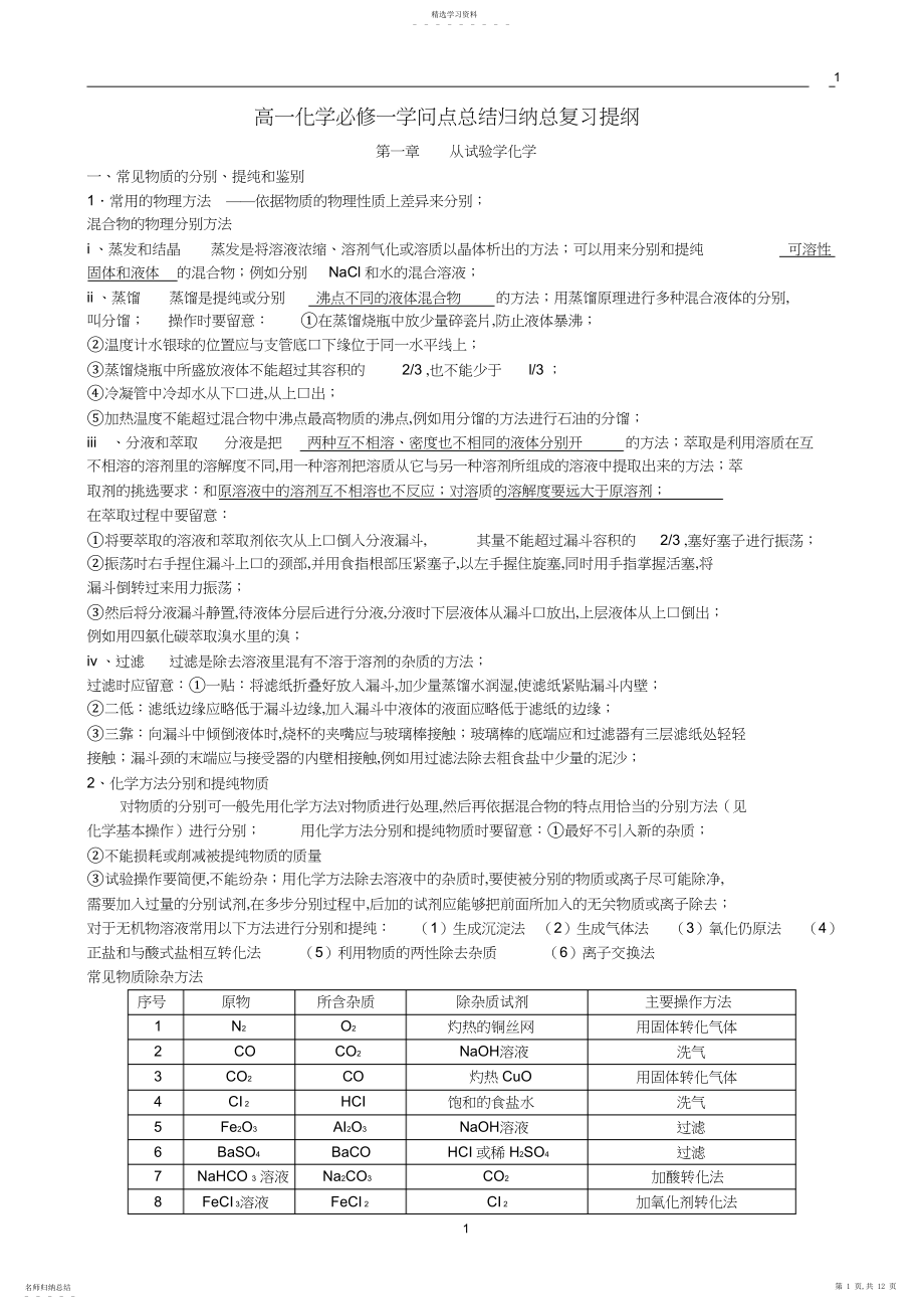 2022年高一化学必修一知识点总结归纳总复习提纲.docx_第1页