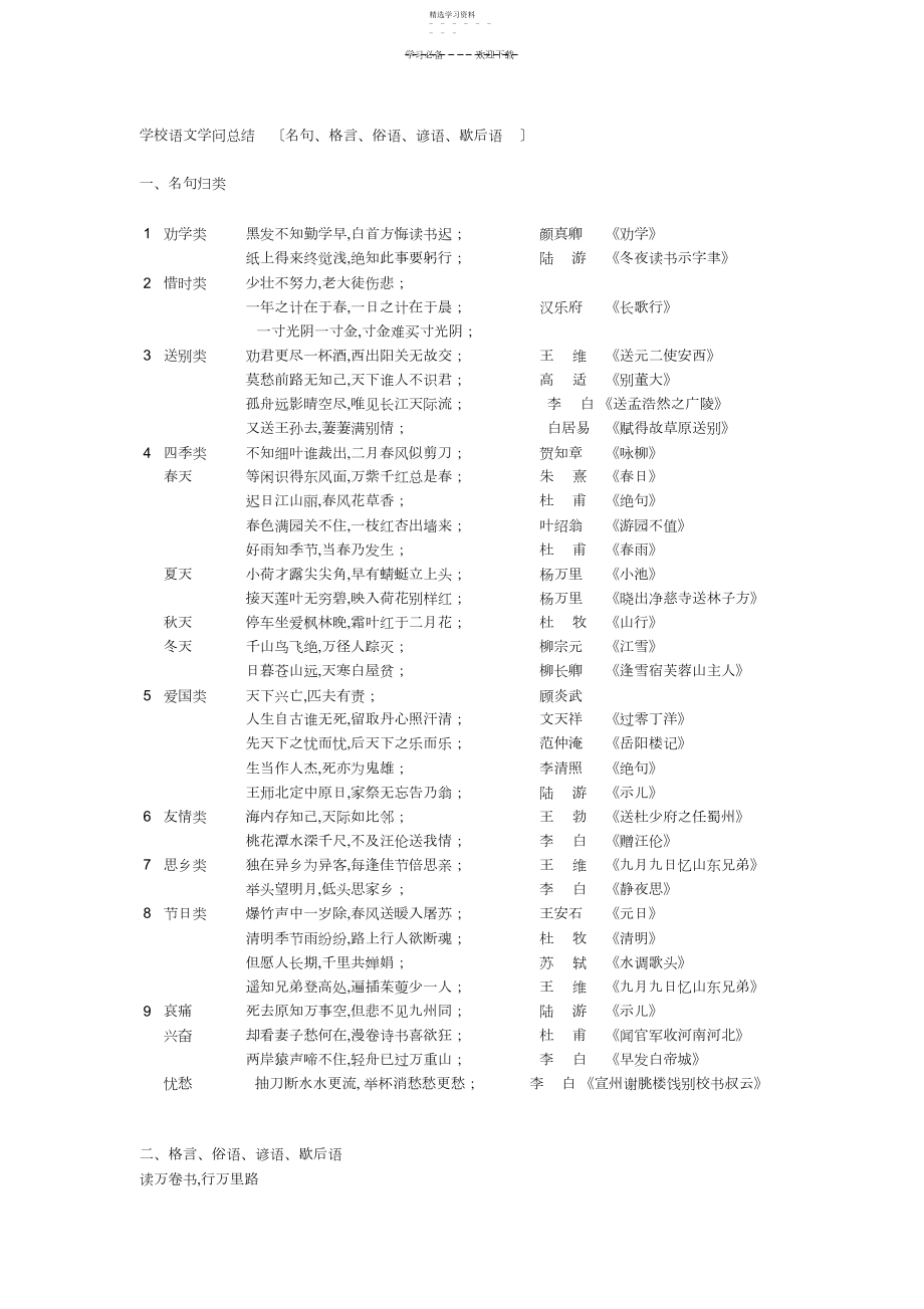 2022年小学语文知识总结名句格言俗语谚语歇后语.docx_第1页