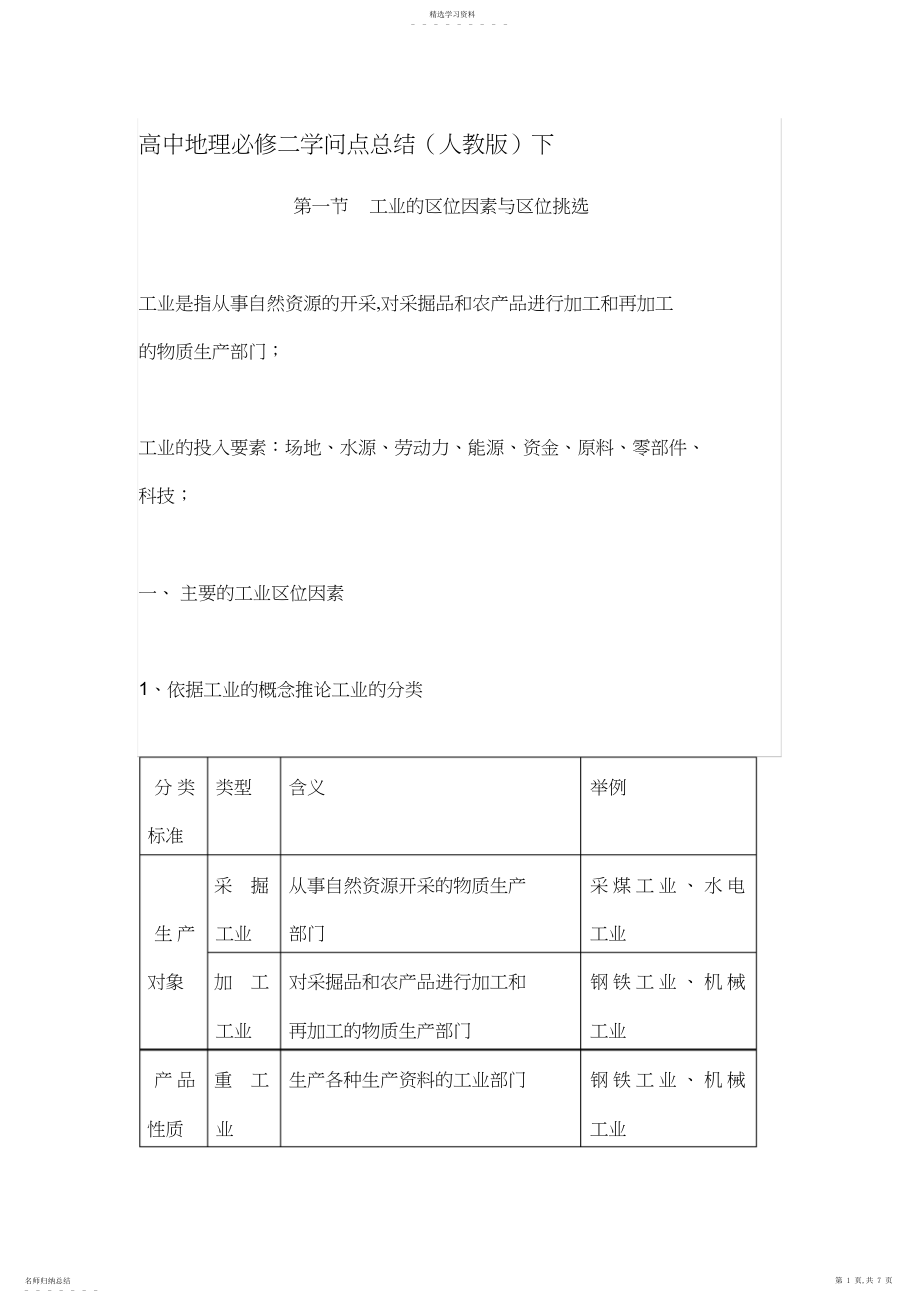 2022年高中地理必修二知识点总结第一节工业的区位因素与区位选择.docx_第1页