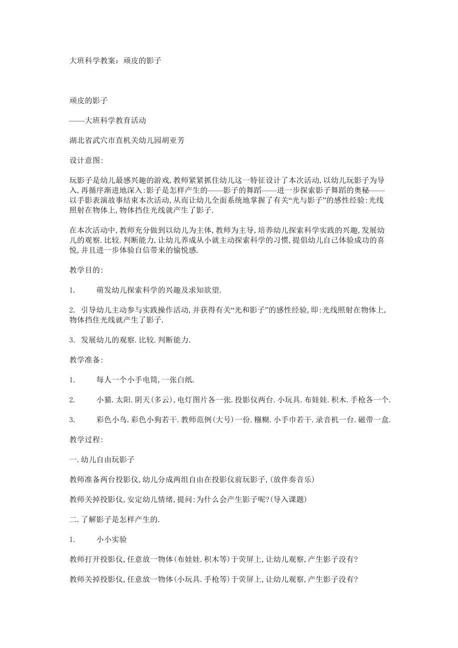 幼儿园大班中班小班大班科学教案：顽皮的影子优秀教案优秀教案课时作业课时训练.doc_第1页