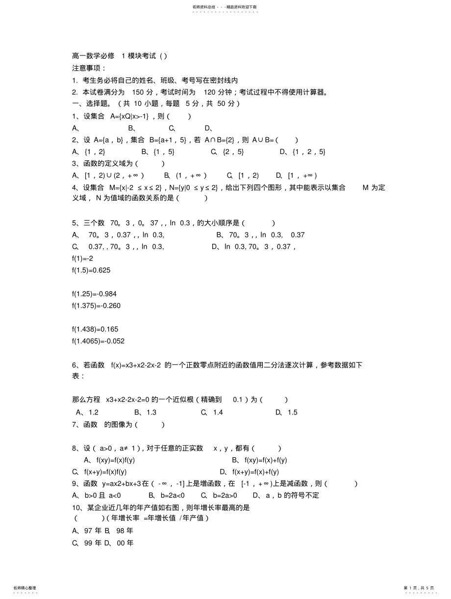 2022年高一数学必修模块考试题 .pdf_第1页