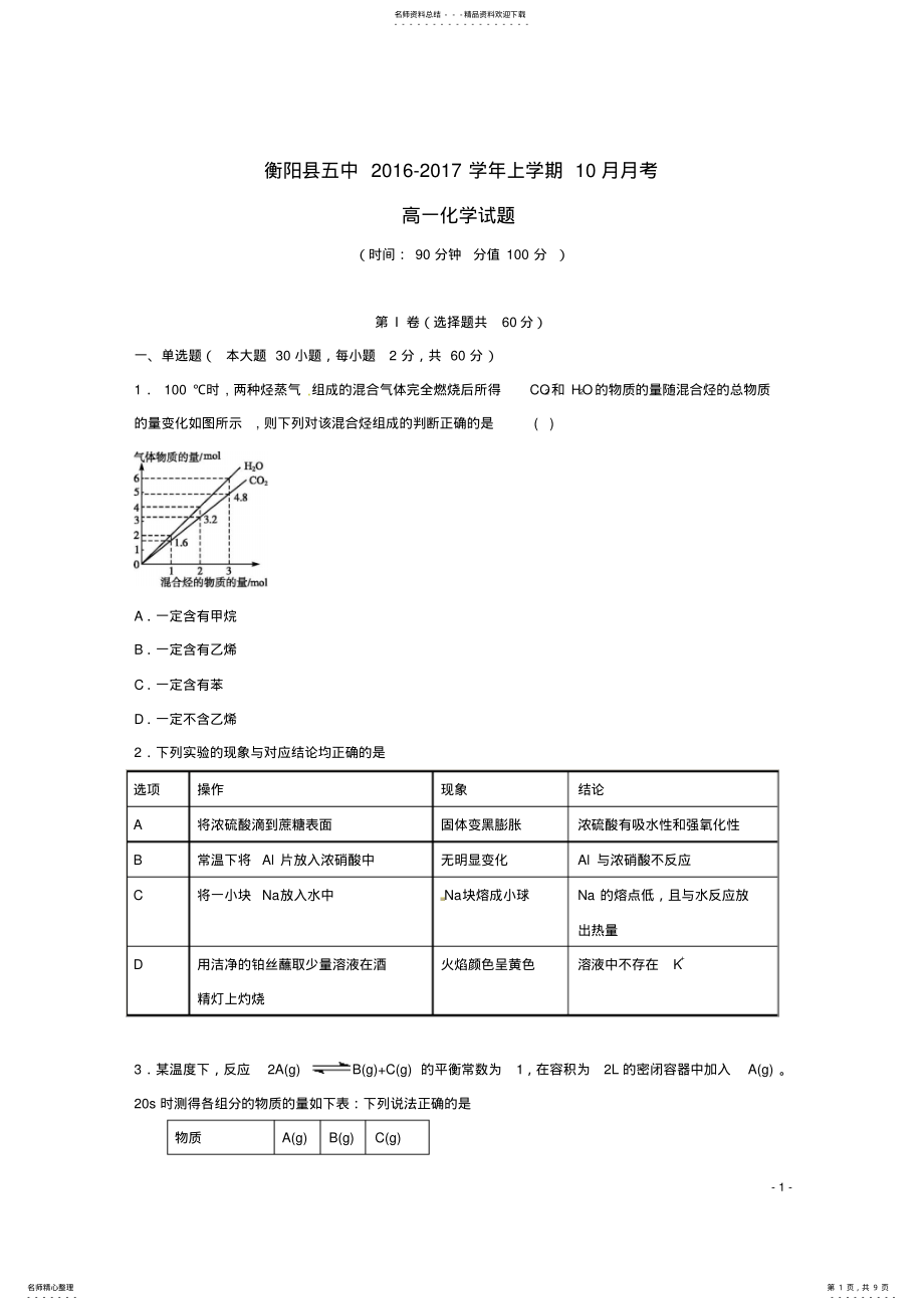 2022年高一化学月月考试题 4.pdf_第1页