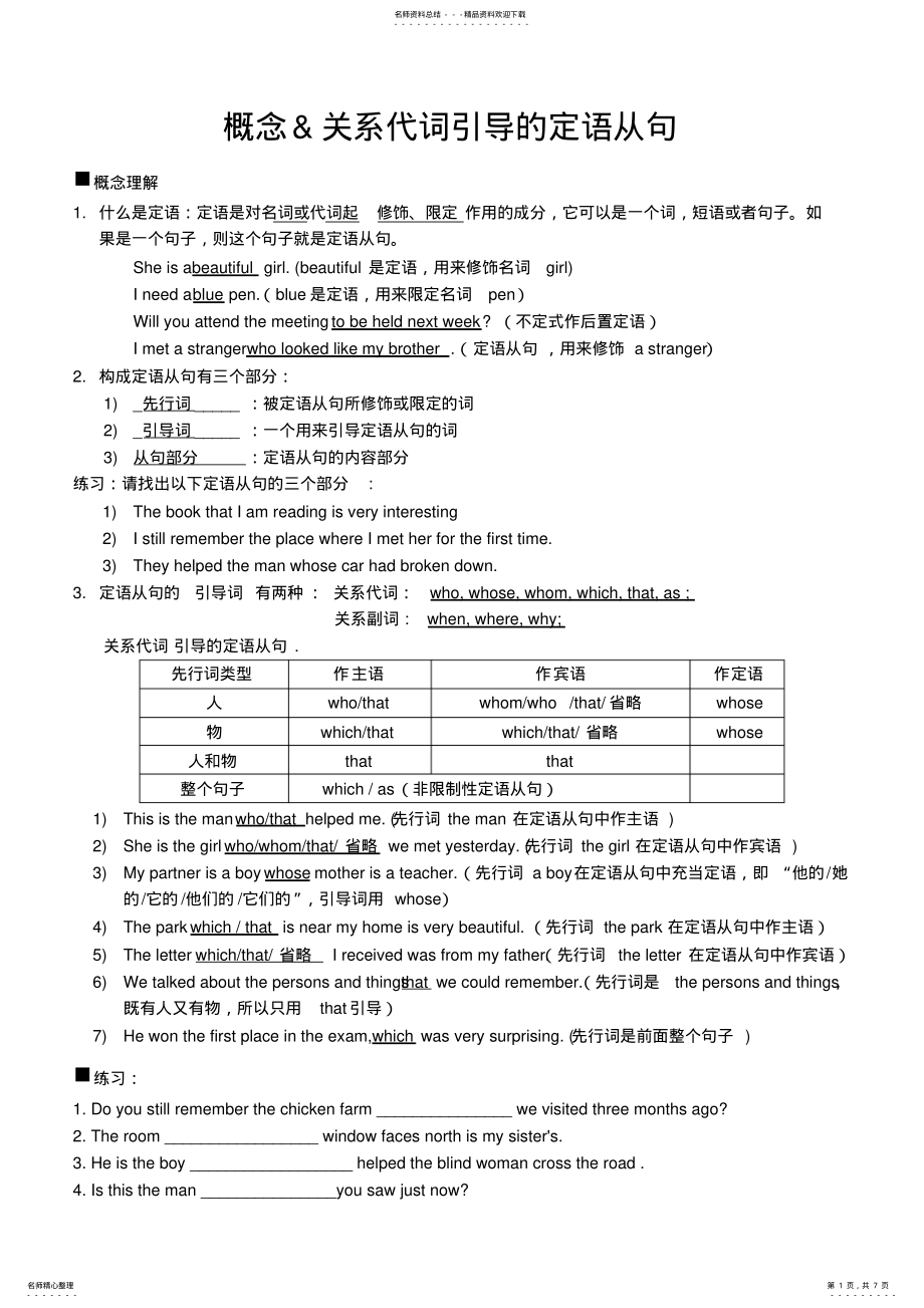 2022年高中英语语法总结-定语从句,推荐文档 .pdf_第1页