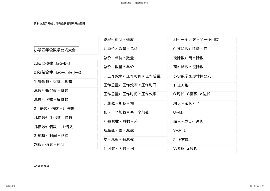 2022年小学四年级数学公式大全教学文稿 .pdf_第1页