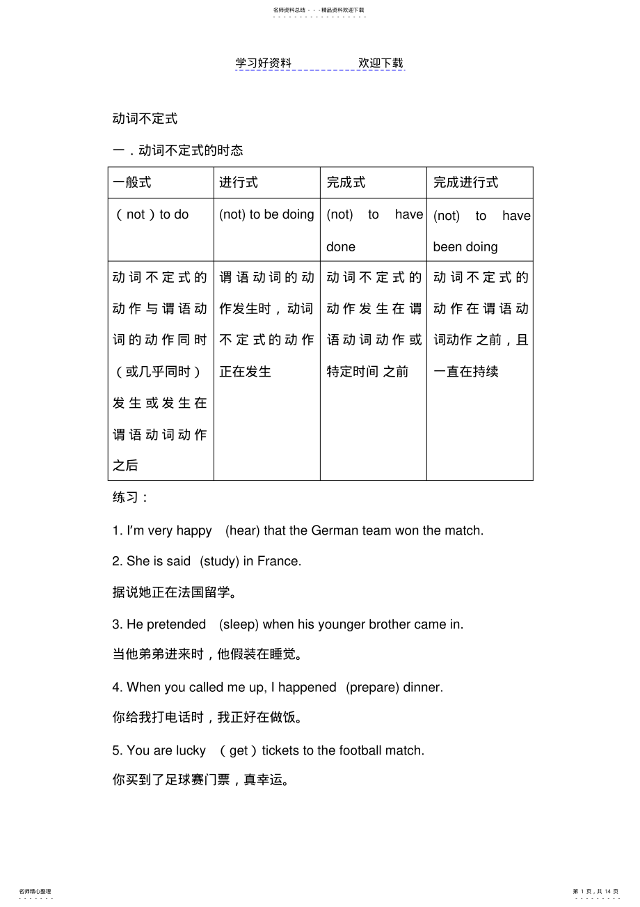 2022年高中英语语法非谓语动词之动词不定式讲解及习题 .pdf_第1页