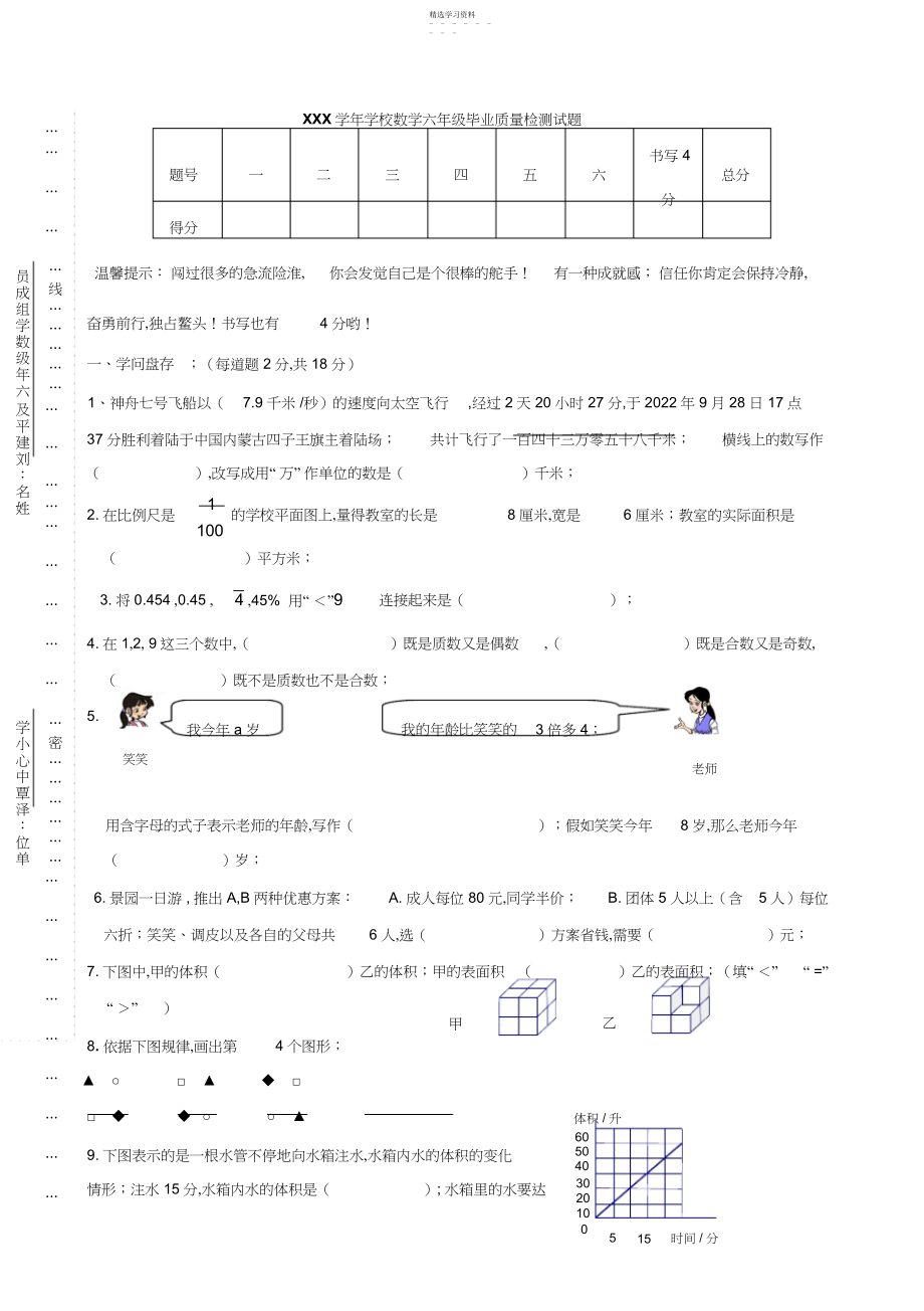 2022年小学六年级数学毕业质量检测试题人教版六年级下无答案.docx_第1页