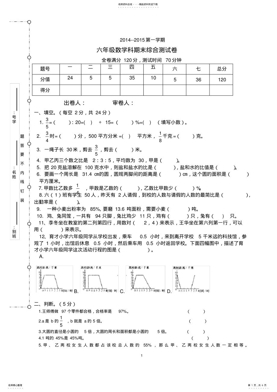 2022年完整word版,-人教版六年级数学上册期末测试卷 .pdf_第1页