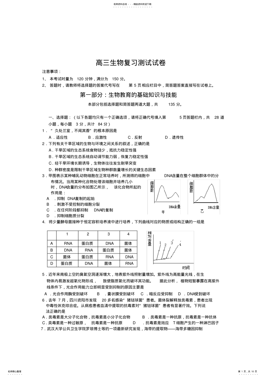 2022年高三生物复习测试试卷 2.pdf_第1页